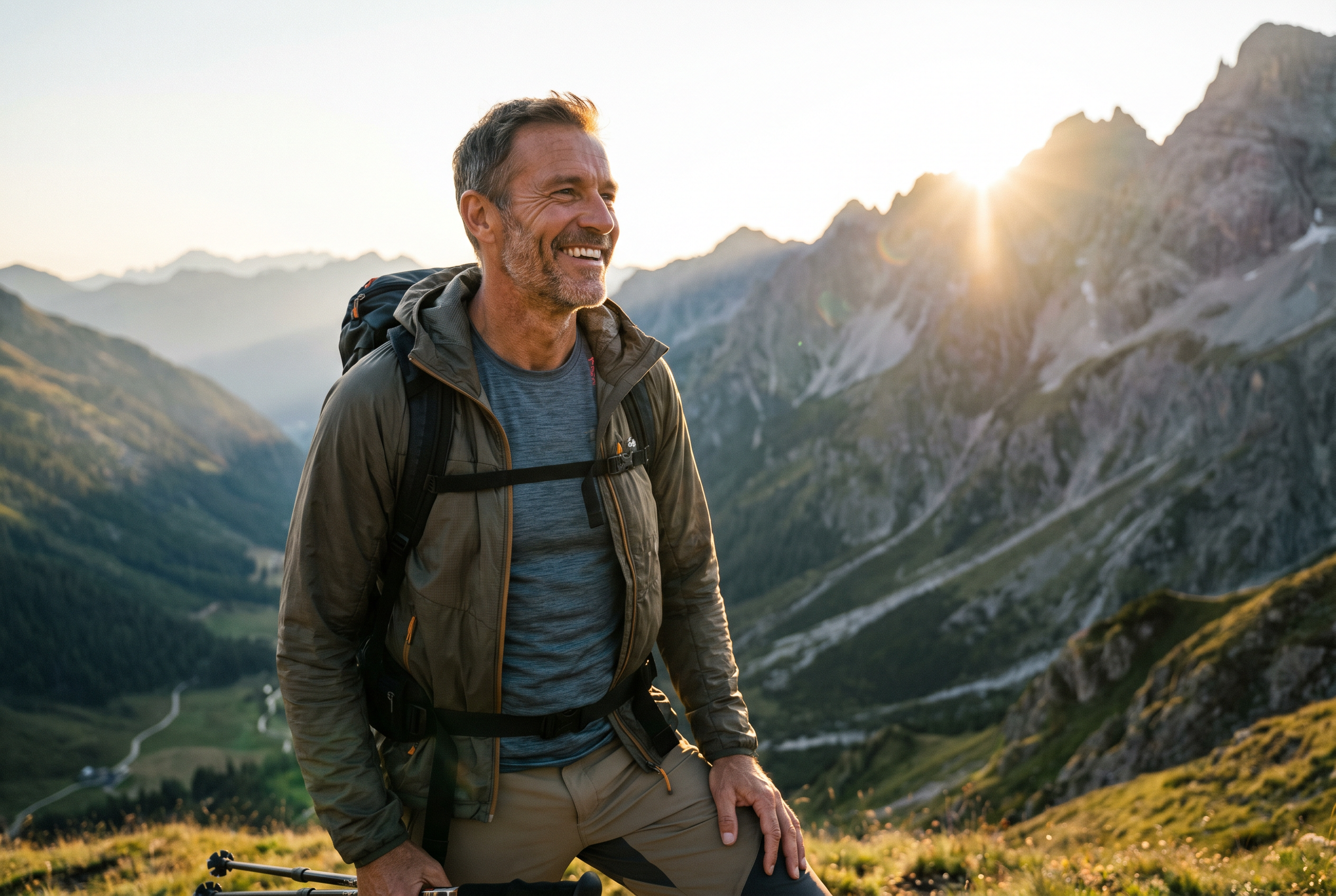 Man hiking at sunrise — longevity and vitality