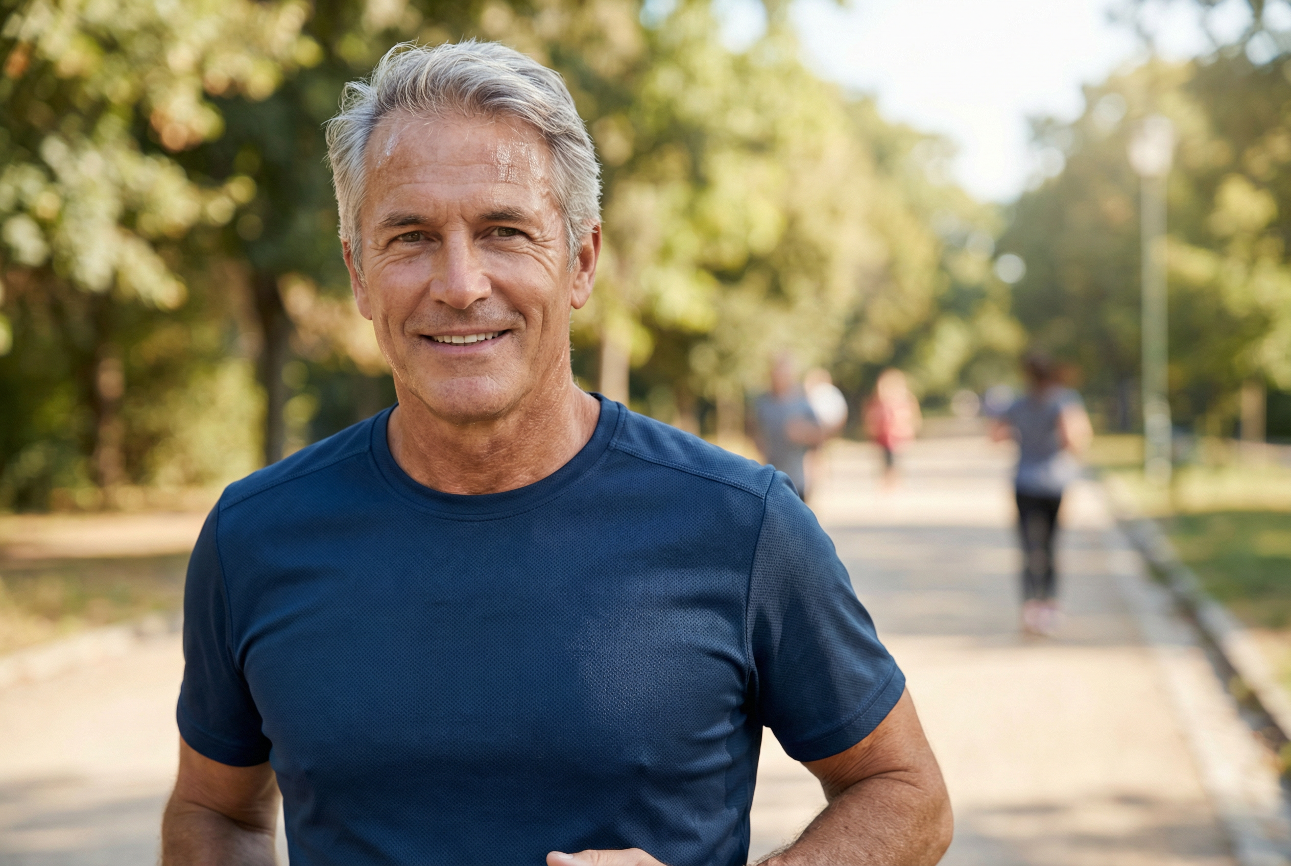 A fit, confident man in his 60s outdoors, smiling with energy