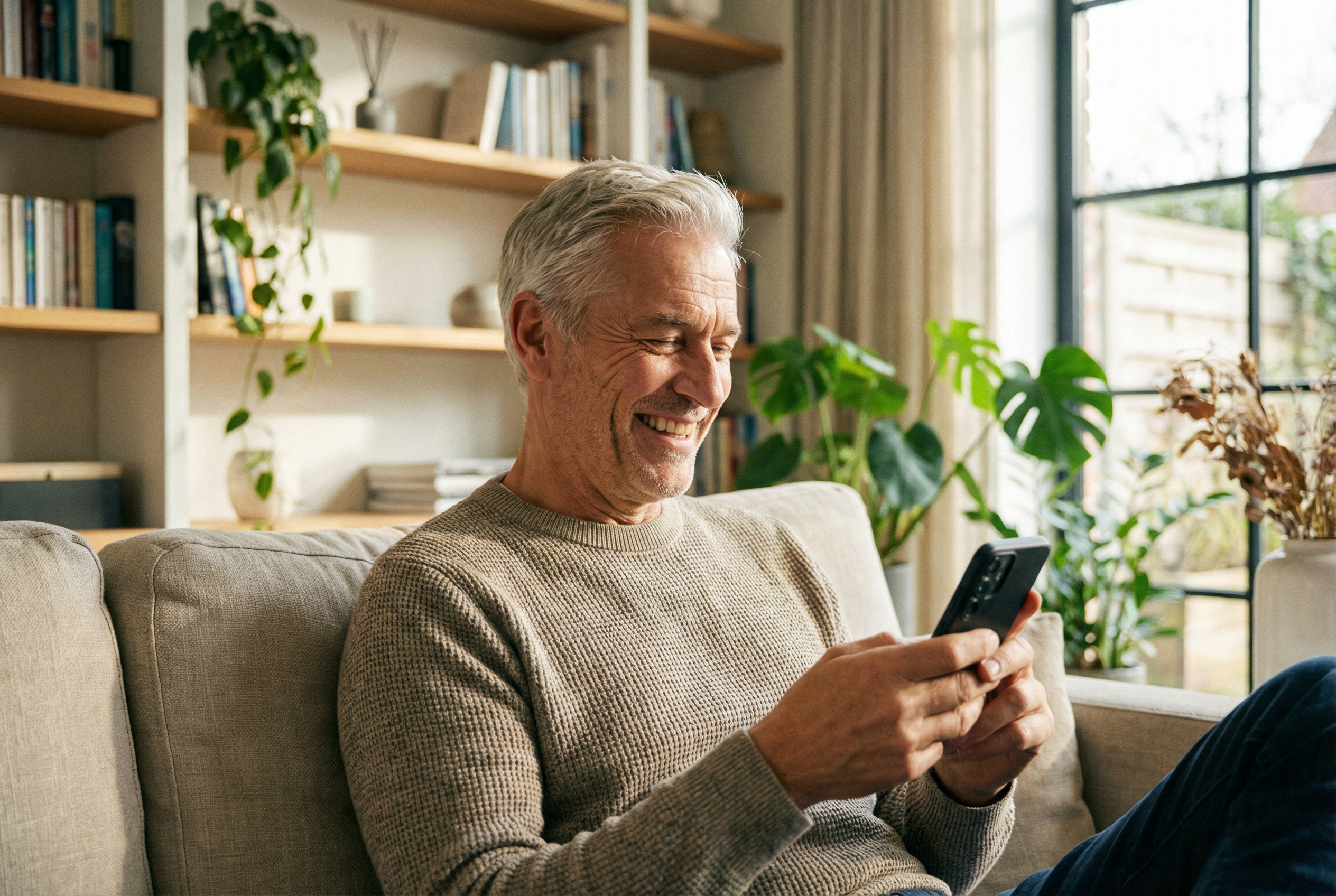 A happy, confident man in his 60s smiling at his phone